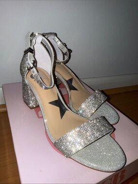 Qupid Silver Rhinestone Block Heel Sandals with Ankle Strap